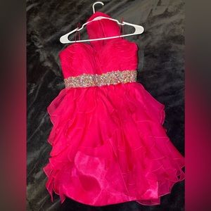Small Hot Pink Prom Dress With Beaded Wasit Line.Heart Neck Line, Matching Scarf